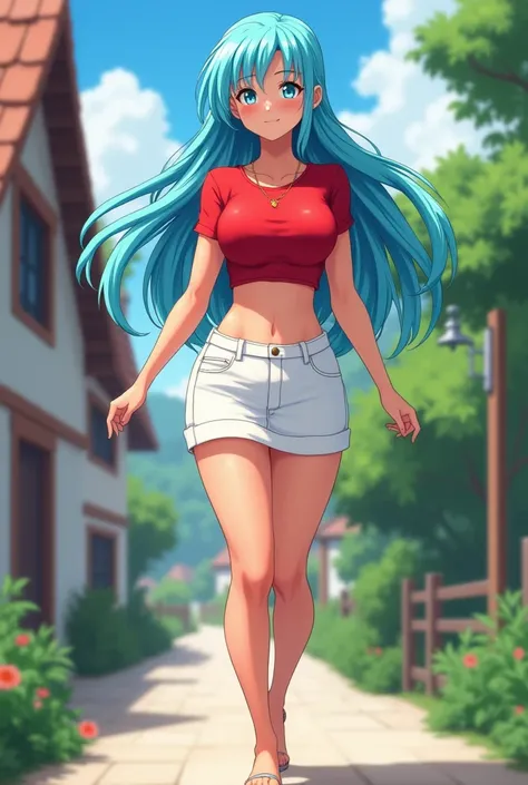 beautiful fit anime tanned woman, hourglass body type, age 32, cardinal red short sleeve cropped t-shirt, white chino mini skirt, flat shoes, very long light blue with aquamarine and teal highlights, walking on the sidewalk in a village, medium breasts