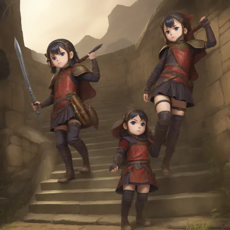 最high quality、high quality、Leather clothing and skirts、armor、１０Year old girl adventurer、Climb the stairs of the underground dungeon、Equipped with a dagger and a leather shield、dim