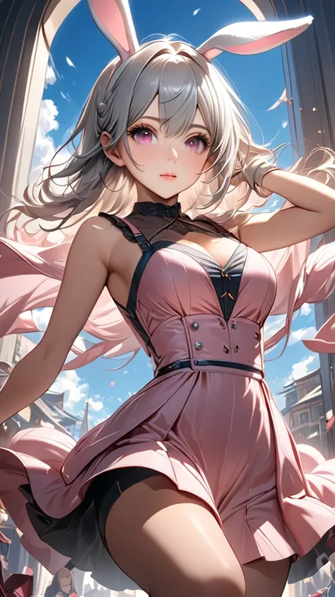 blue sky,(masterpiece, Highest quality:1.2), Silver Hair,Pink dress,Pink eyes,Bunny ears,One person, One personで,Mid length, girl&#39; Im in love with you, Dynamic Random Shot, elastic thighs, ARW
