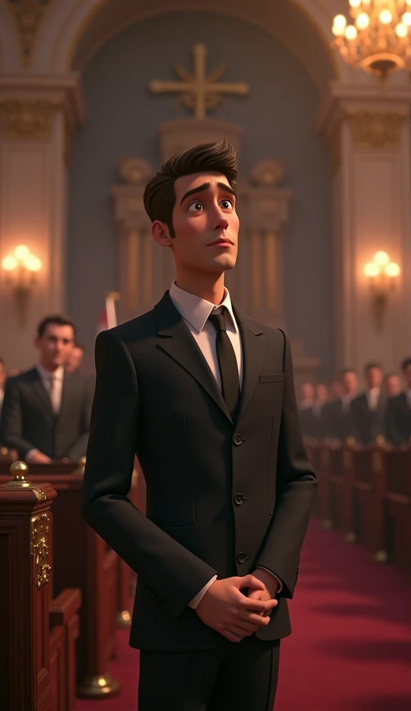 A sad young hansome  husband in a fancy funeral, pixar style, cinematic, masterpiece, high-aesthetic