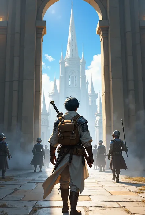 Create an illustration of a 171cm white adventurer with short black hair with a backpack, a bastard sword on his back and a metal pauldron on both shoulders arriving at a city gate and being approached by a guard