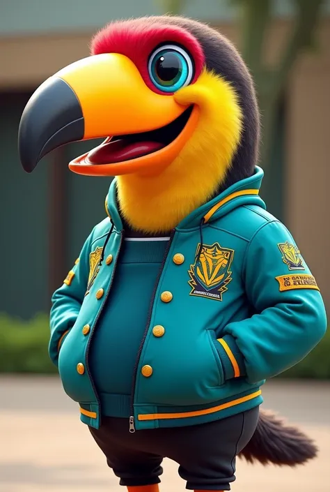 Please create a toucan mascot for a university with a university jacket that is very nice and cheerful using the color turquoise and that is like a full-body suit or mascot 