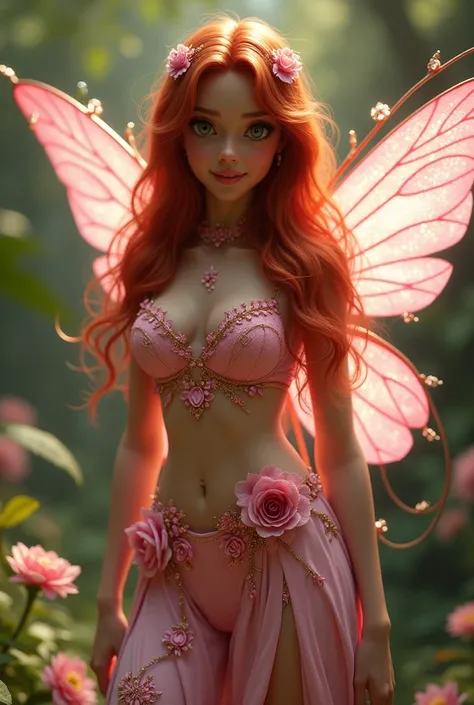 Flower Fairy,long red wavy hair,Light brown skin,Pink tight skirt and pink tight blouse with flower details and sparkle,dark green eyes,sparkling pink wings