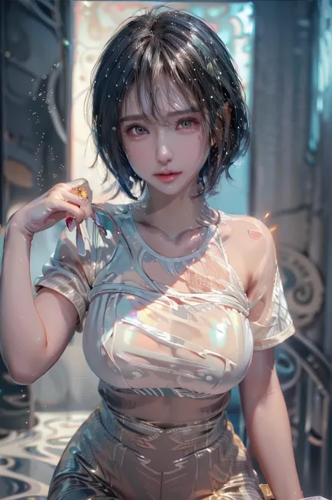 short hair, Blonde, (Dripping Sweat:1.4), (masterpiece:1.4), (ultra detailed:1.4), (extremely detailed CG:1.4), (Shiny glossy wet hair:1.4), (super fine illustration:1.4), full lip gloss,  