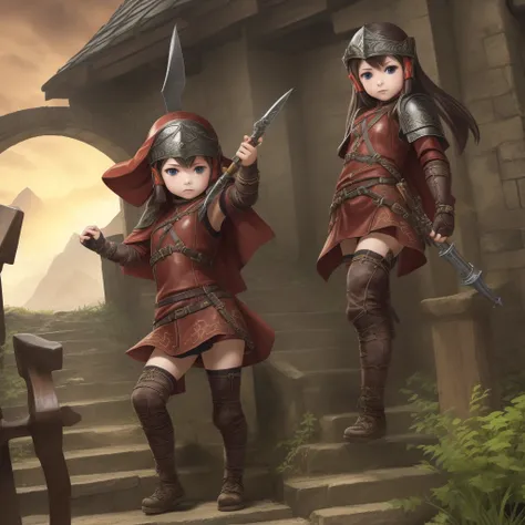 最high quality、high quality、Leather clothing and skirts、armor、１０Year old girl adventurer、Climb the stairs of the underground dungeon、Equipped with a dagger and a leather shield、dim