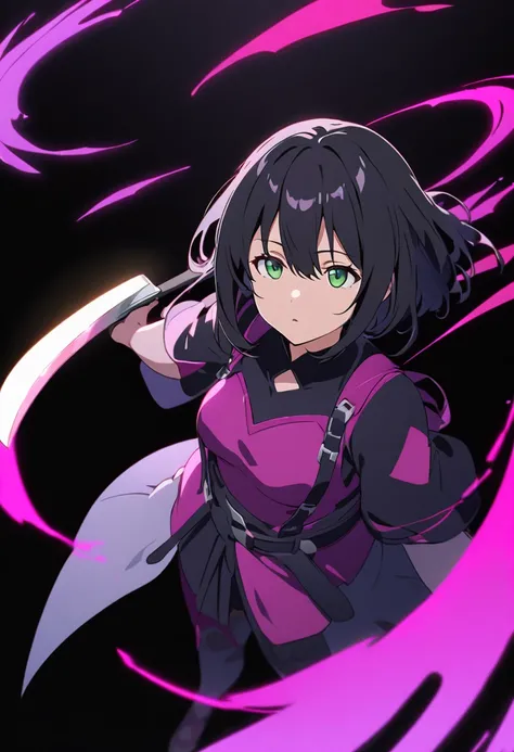 One Woman、Short black hair、Green Eyes、Slanted Eyes、Magenta Clothing、Hold the knife in your right hand、whole body、Magenta and black simple background、anime、look up、uhd