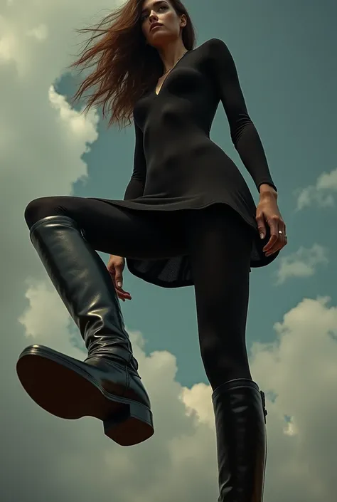 a pretty woman, 4, Brown hair, pretty face, Black Dress, black tights, black riding boots, giantess, POV shot, lifts her right foot, Boot sole, FULL BODY shot