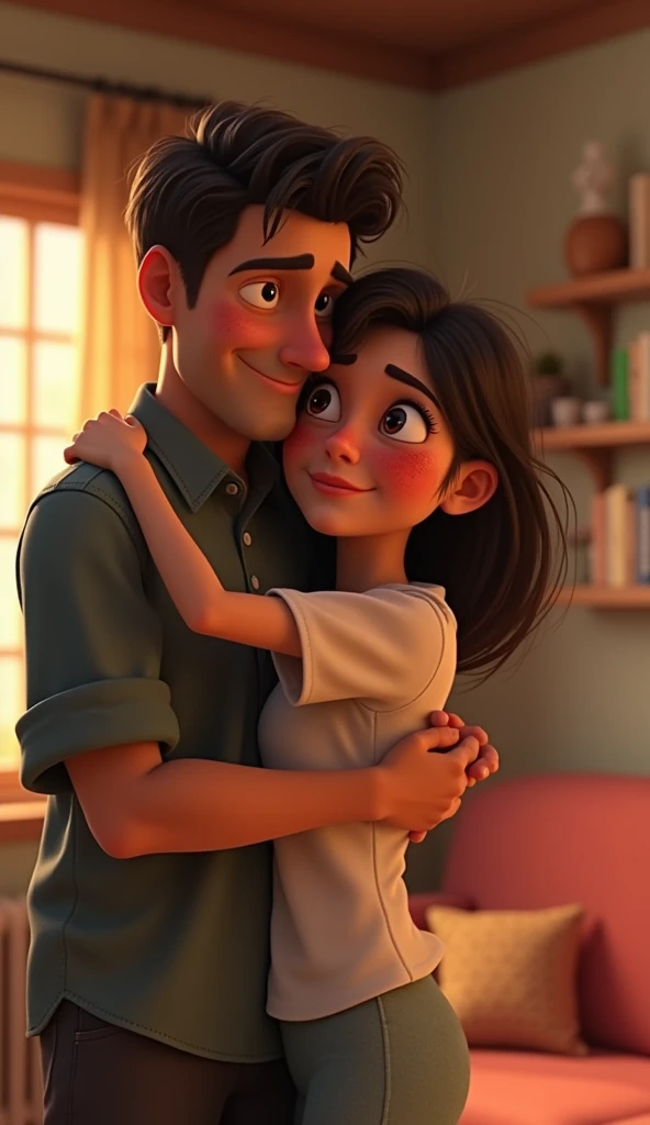 A young hansome  husband and his wife with her large red spots skin disease at their home, pixar style, cinematic, masterpiece, high-aesthetic