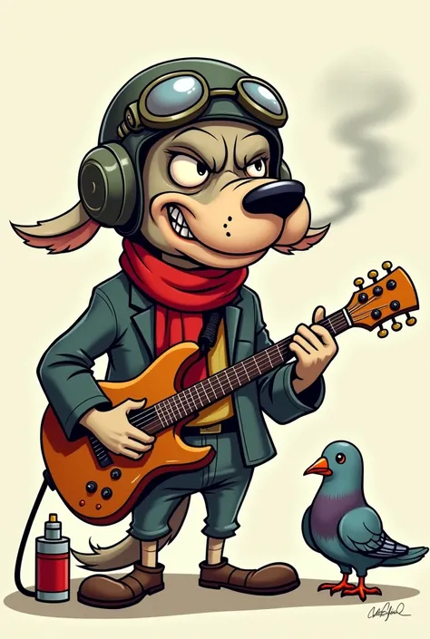 Make a cartoon dog with a flight helmet and a red scarf, playing guitar and with an asthma inhaler at his side. He is an old, adult dog who likes cigarettes and rock music.. The dog has the most evil face in the world. And this is next to a pigeon