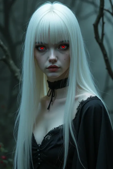  white, gothic, long straight white hair, soft red eyes, vampire tooth, piercing look 