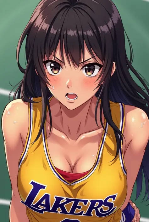 a close-up of a person wearing a basketball uniform, one photo, inspired by Kentaro Miura, trends on Pixiv, Kugisaki Nobara, JUJUTSU KAİSEN, wearing yellow NBA jersey, yellow top cut nba jersey, wearing a low cut top cut, wearing top cut, top cut, the word...