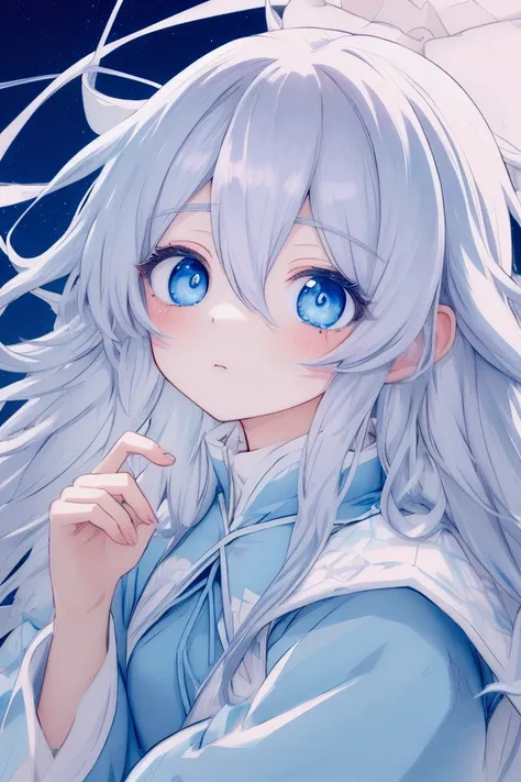 anime, hda, a close up of a woman with ((white long messy hair)) and (((the most beautiful pastell eyes))) in (((blue outfit))), (((determined)), 8k, Unreal Engine 5, octane render, by kyun, gamang, Yoon Gon-Ji, g.ho, gosonjak, shuroop, serious, domi, noah...