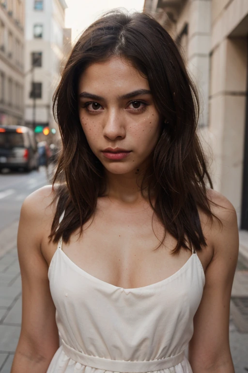 woman 3 dark skin color with freckles on her face light brown hair high cheekbones brown eyes thin lips angry with dress on the street 