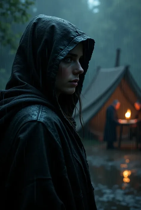 A dark and rainy scene with a hooded woman spying from the shadows. The enemy&#39;s tent is dimly lit by an oil lamp., highlighting a man inside, discussing with his officers over a map. The girl&#39;s expression is a mix of concern and determination., whi...