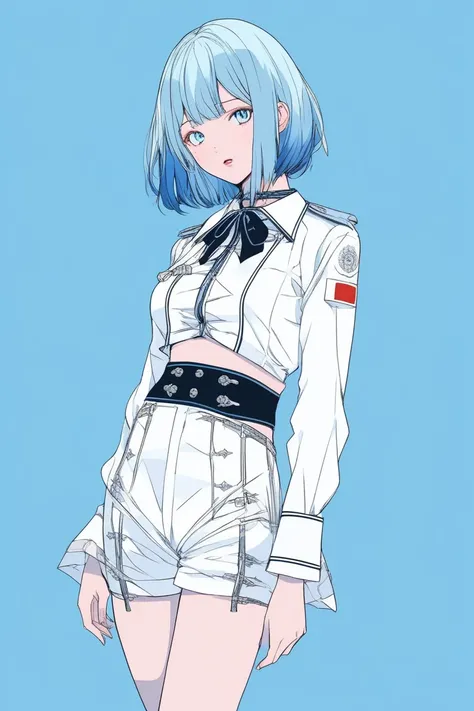 Illustrator, anime, real, sketch, 1 girl, Paris Colle model, lip, model pose, fashion show costume, order, slim body, blue gradient background, light blue hair, texture trim, Japanese, (masterpiece, highest quality) Gagno, full body visible