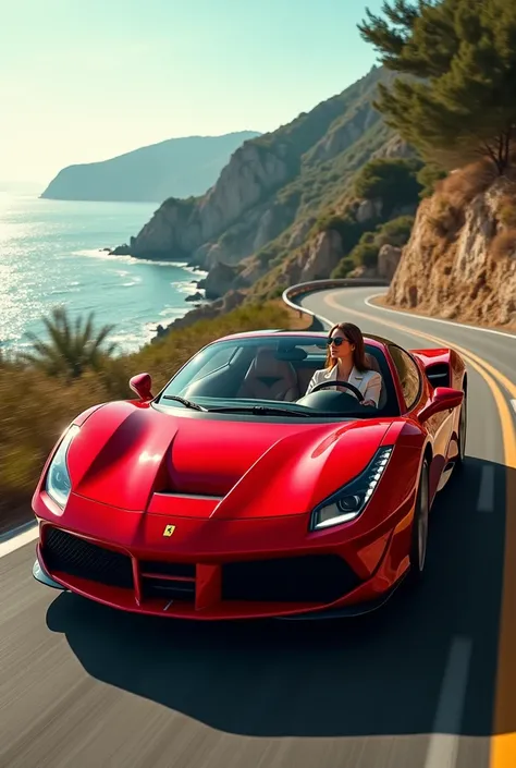 An elegant woman driving a Ferrari F-18