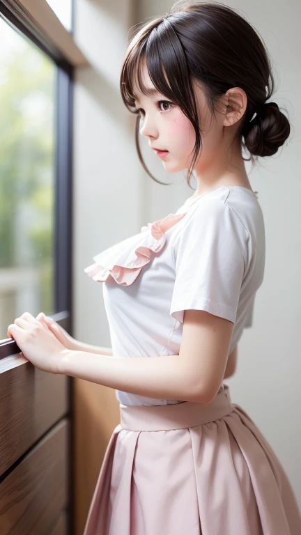  One Girl、((blush))、((Skirt Lift、Have a skirt yourself))、uniform、blush、Perfect Anatomy、Short Bob、Small breasts、Bedroom、Adorable, Japanese Girls, (Portraiture, close:1),Curly shorthair,  Scrunchie,( cheek,Glossy Lips:1),Frilled bikini,  View your viewers,  ...