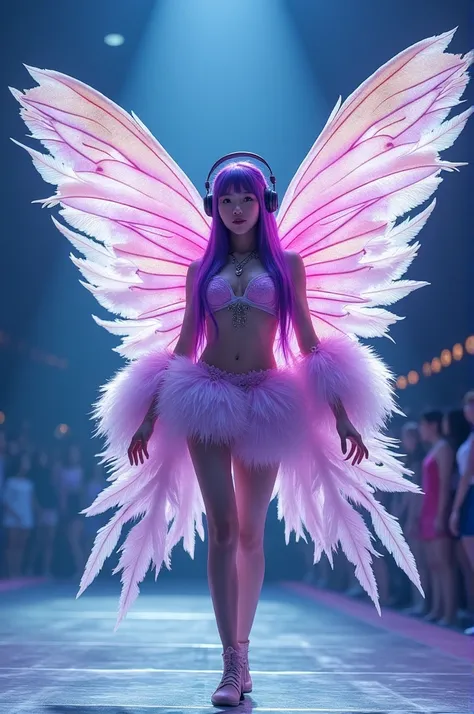 A Korean purple-haired butterfly woman wearing a feather costume with headphones、With the microphone at the Super Bowl show、Wearing a shorts outfit。 