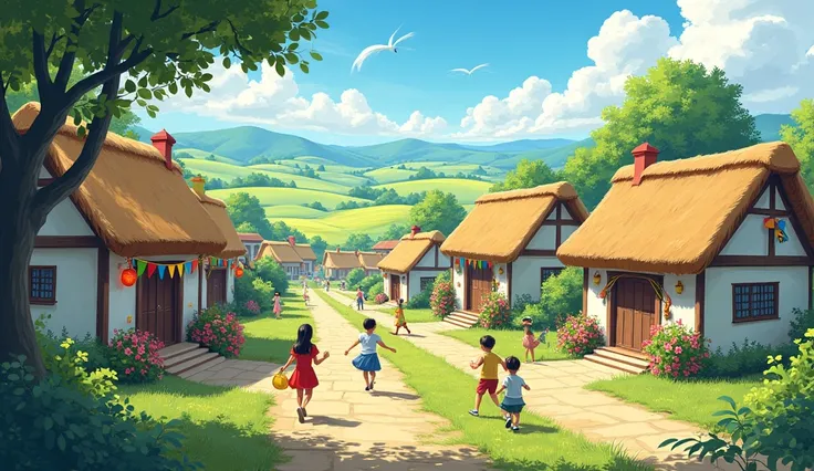 A serene village setting with traditional houses and open fields.
- Villagers setting up decorations, hanging colorful streamers, and arranging flowers.
- Kids running around excitedly, helping with preparations.