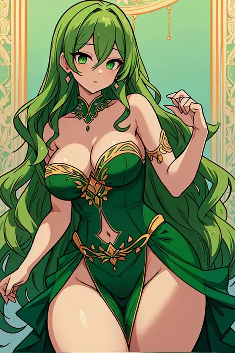 a beautiful woman, emerald green eyes, perfect body, large and pronounced breasts, small waist, wide hips, shapely legs and perfect ass, dressed in an elegant emerald dress, long and wavy green hair.