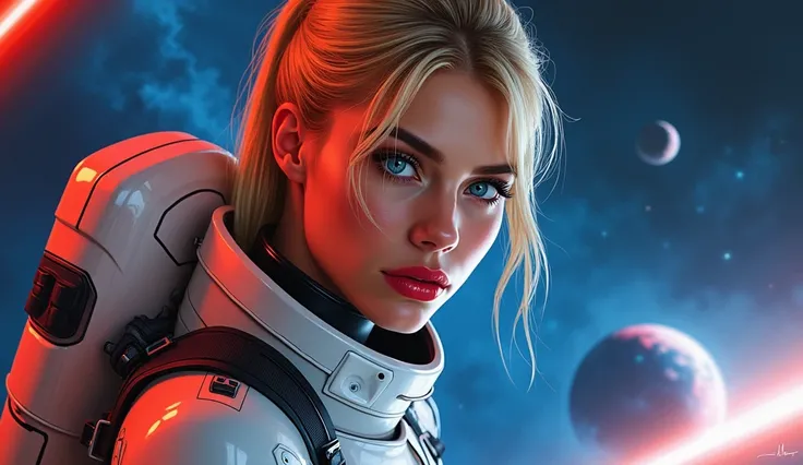 High-quality realistic acrylic art, VIVID COLORS, a beautiful european woman with blonde straight hair, ponytail, blue eyes, big eyelashes, red lips, looking at the viewer with suspicious face, red lips, she wears sci-fi white glossy metalic space suit wit...