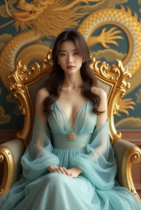 a korean girl wearing powder blue gown, with long brown hair, sitting in a golden chair, facing the front, the background should be golden dragon wall