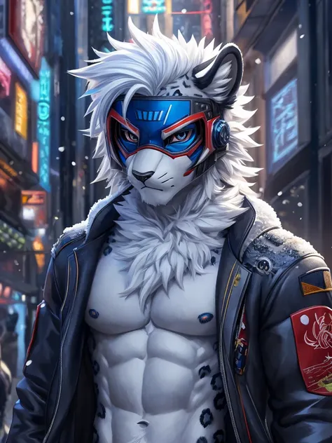 Masterpieceы, fluffy, Male, anthropomorphic,snow leopard, Cyber mask, long blue and white perfect hair,veiny, athletic body, tender eyes, shiny body, Street Thug, anime, depth of field, perfect lighting, (Best quality),(Masterpiece),(ultra detailed), sharp...