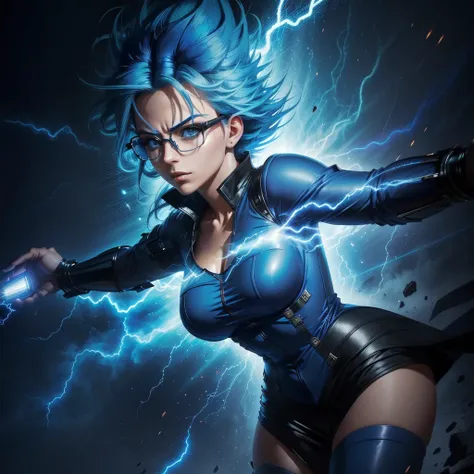 close shot, a beautiful woman with blue hair, glasses, a serious face, with electric powers, in an incredible dynamic pose, thun...