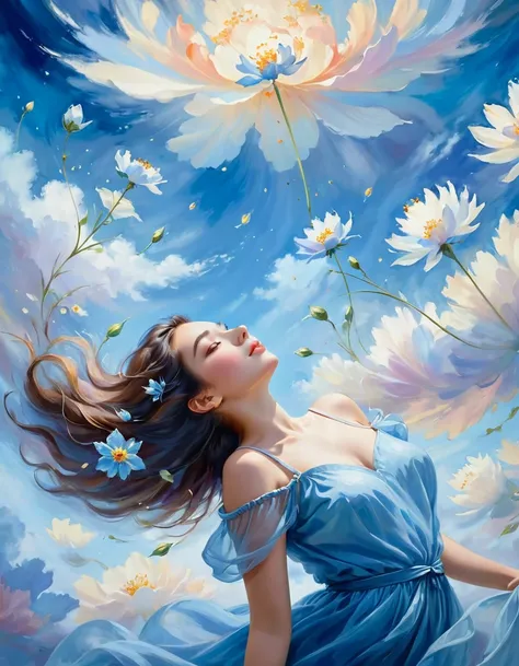 Top quality, high image quality, woman and flower, (composition floating in the sky), gentle and blurry touch, sfumato technique: 1.2, impressionism, dreamy blue coloring, oil painting, masterpiece
