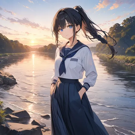 anime、((Amazingly absurd)),(masterpiece:1.2),超High resolution, Attention to detail, high quality, High resolution, 最high quality, 4K, 8k、girl、Hands in pockets、long hair、Black Hair、Very long braid、Tie at the back、ponytail、blue eyes、Sharp eyes、Sailor suit、Lo...