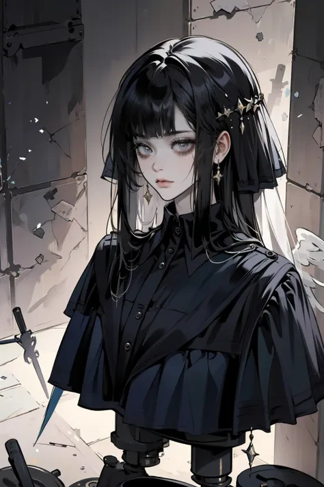 A world where the elegance of a bygone era meets the precision of mechanical innovation, The Gothic girl、Standing as a living witness to this unforgettable beauty. Her long black hair hangs luxuriously around her shoulders., It brings out the delicate eleg...