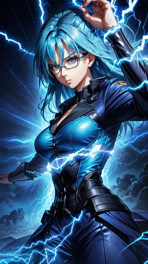 close shot, a beautiful woman with blue hair, glasses, a serious face, with electric powers, in an incredible dynamic pose, thun...