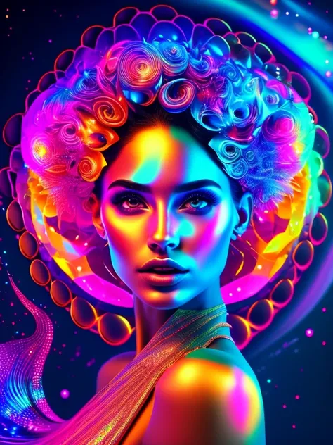 A mesmerizing psychedelic playmate girl, intricate abstract vector art, Hologram texture, vibrant colors, trippy visuals, dynamic composition, highly detailed, masterpiece, photorealistic, 8k, cinematic lighting, surreal, ethereal, dreamlike, glowing, neon...