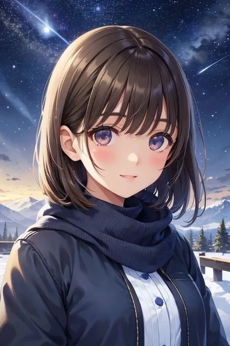 anegasaki nene、Shiny brown hair, short hair, (Beautiful brown eyes、Sparkling eyes, Fine grain)、smile、Ultra-detailed eyes、Highly detailed face, Highly detailed eyes,



Night sky on the hill. winter, winter colors, winter landscape, Starry Sky, Sky color Pr...