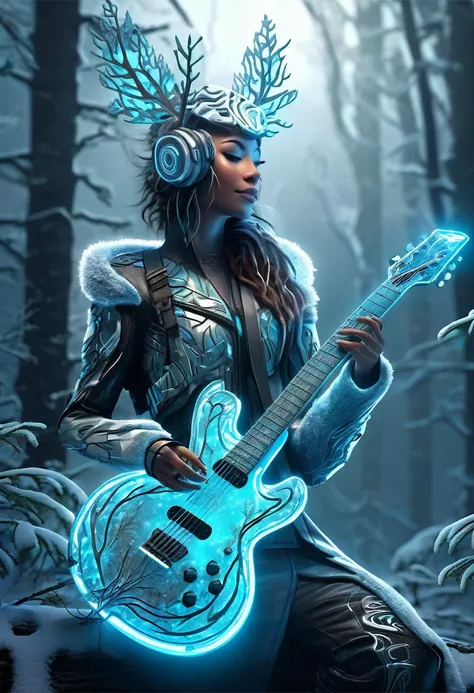 a medium quality digital illustration of a (cyborg) guitar covered in frostbite, featuring a character inspired by jensana as a ...