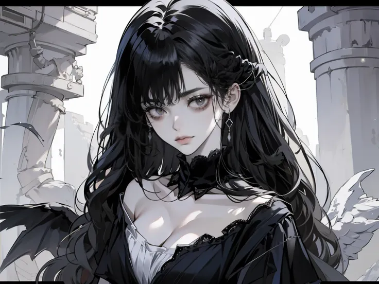 A world where the elegance of a bygone era meets the precision of mechanical innovation, The Gothic girl、Standing as a living witness to this unforgettable beauty. Her long black hair hangs luxuriously around her shoulders., It brings out the delicate eleg...