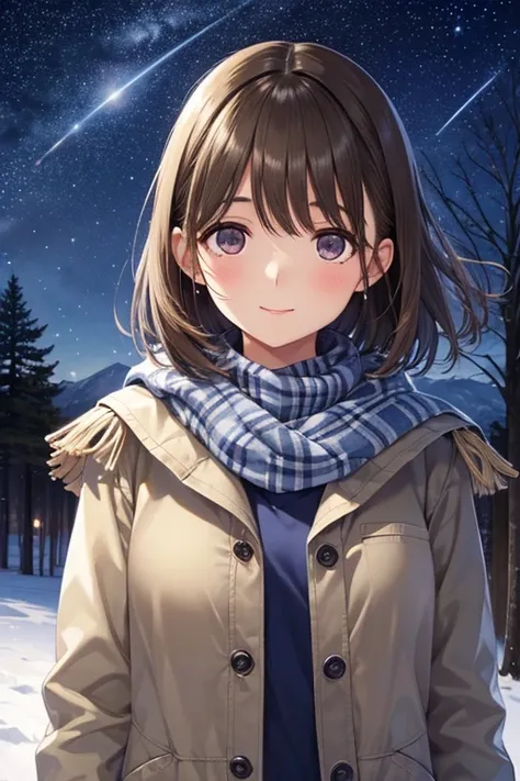 anegasaki nene、Shiny brown hair, short hair, (Beautiful brown eyes、Sparkling eyes, Fine grain)、smile、Ultra-detailed eyes、Highly detailed face, Highly detailed eyes,



Night sky on the hill. winter, winter colors, winter landscape, Starry Sky, Sky color Pr...