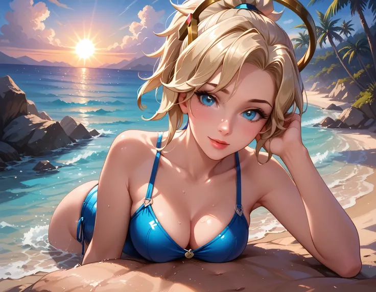 score_9, score_8_up, score_7_up, score_6_up, cinematic film still, solo, 1girl, BREAK mrcy, short hair, high ponytail, halo, cute swimsuit, BREAK beach, laying on stomach in shallow water, looking at viewer, cleavage, POV, close-up, face focus, BREAK beaut...