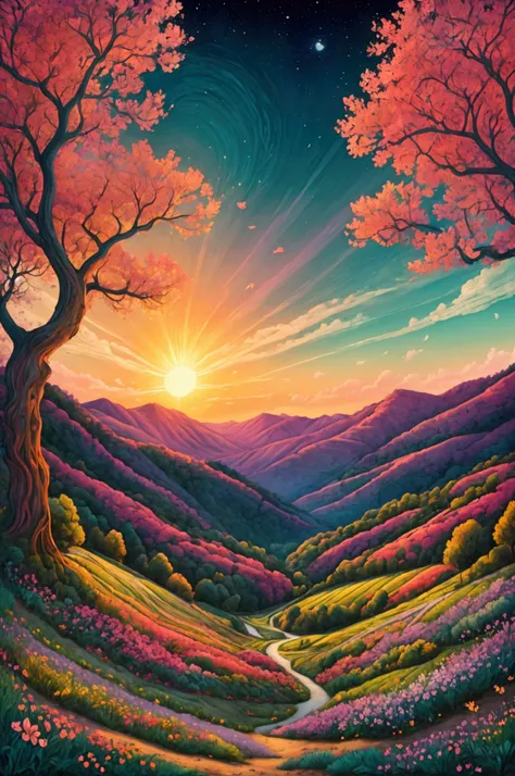 A masterpiece, a supreme composition, a summer dawn landscape woven in the macramé technique, depicting a radiant sun rising over rolling hills and a lush valley filled with flowers. The sky is decorated with fluffy pink and purple clouds, adding soft text...