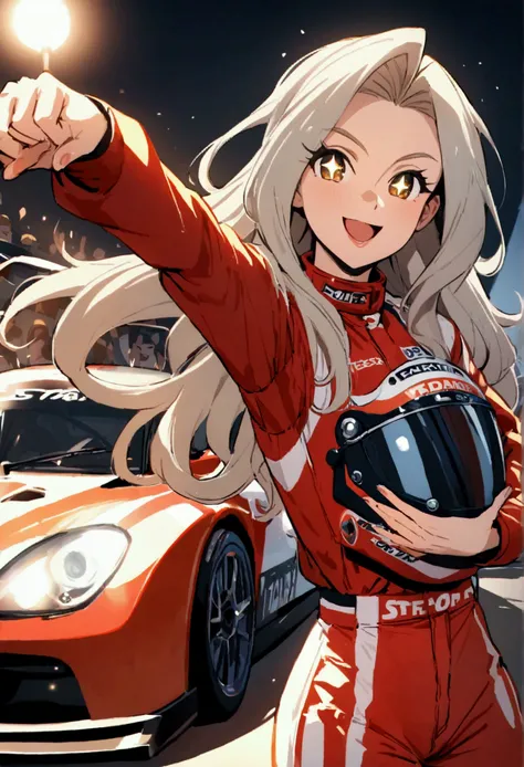 (Best Quality,High resolution),Tess Darret,Post position,holding a racing helmet in his hands,stop inside his racing car,smiling,animated style,bright colors,dynamic lighting,glossy finish,energetic pose,Attention to details,sparkling eyes,long loose hair,...