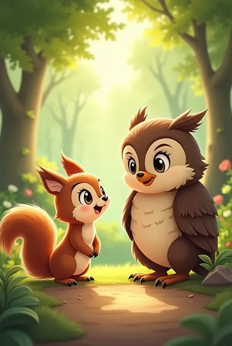 The squirrel is smiling and nodding at the owl, ready to follow the lead it just received, looking more determined.