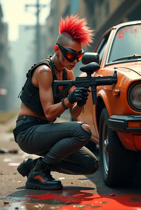 Mary Jane Rottencrotski sporty a Mohawk hairstyle with shaved sides head (very big size breasts 1.8) very small waist, very wide hips, combat pants, ripped combat shirt, face shield, paint  stains, painball gun, kneeling on one knee behind now parked Tesle...