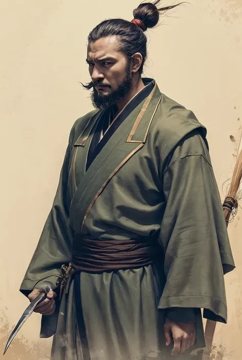 The Three Kingdoms, unhealthy, sickly and weak, psychopathic and sadistic, a military strategist, an intelligent politician, someone with eyes fixed on the distant future, a promising young man, a casually worn kimono,Japanese ink painting, India-ink paint...