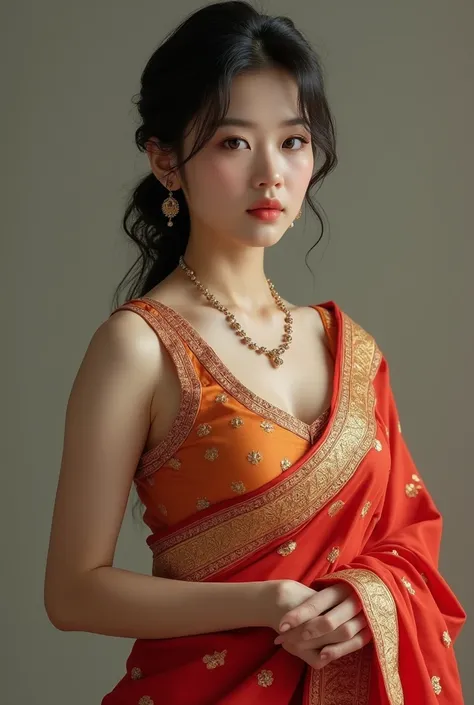 A korean girl wear saree and she have very massive big boobs