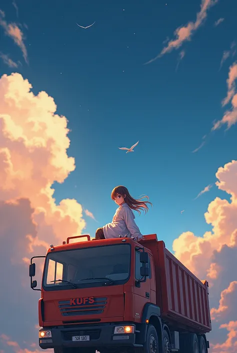 masterpiece, top quality, highly detailed, Unity 8k wallpaper, (riding a crane truck), firmament, girl 1 person, heavy machinery, gradient hair, hair between eyes, ahoge, age: 16, looking back, pretty face, white neeso,