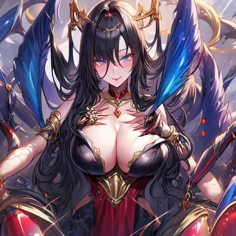 Beautiful mature arachne milf with eight spider legs with black hair and blue eyes with big breasts high details UHD super detail accurate best quality