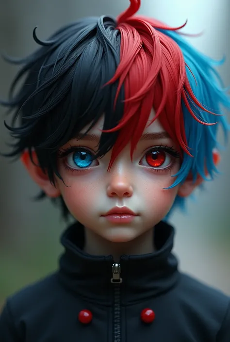 Young boy in front with right eye red and left eye blue. With black hair and the other half red 