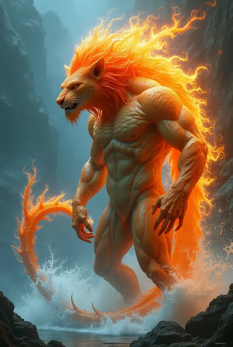 A powerful mythical animal that has:
Fish head Lion body with orange colors, red and green Scorpion claw made of water Scorpion tail on fire The background should be water and fire