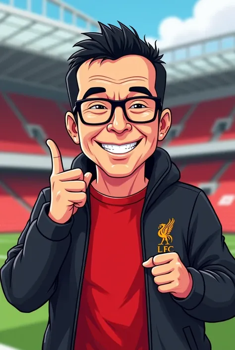 Toriyama Akira Cartoon-style image of a slightly  about 40 years old, with very short hair black hair and smiling glasses in manga style, and making a minihardhand. He wore a red Liverpool shirt on the inside, a black Adidas jacket on the outside, The back...