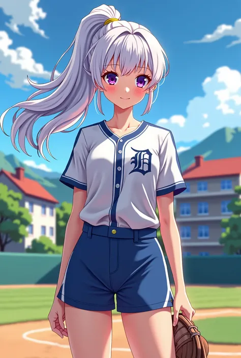 white hair 、Purple Eyes、girl、High school student、single ponytail、Baseball player